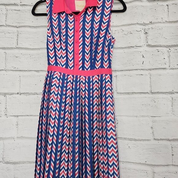 Modcloth Women's Just My Typist Pink Blue Print Sleeveless Collared Dress Sz XS - Picture 5 of 14